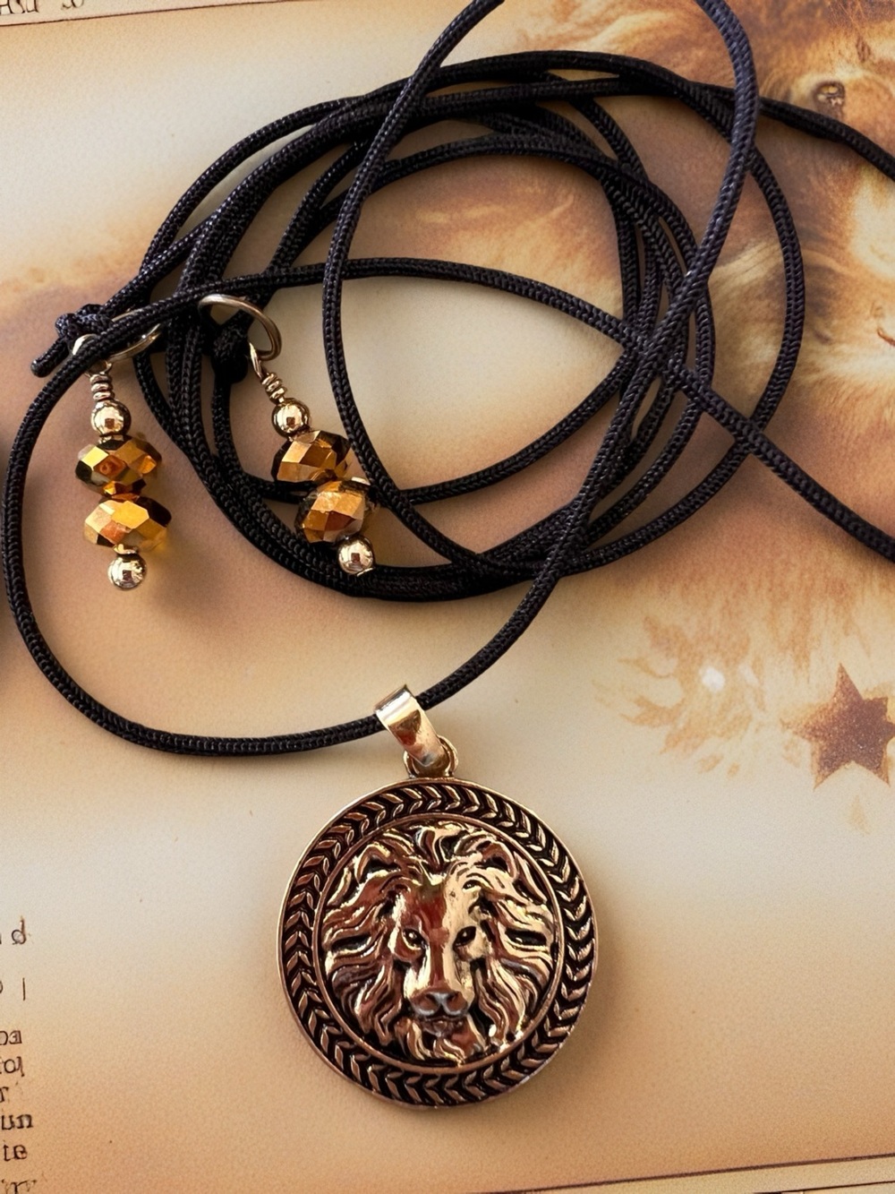 Gold Lion Medallion Pendant Necklace on Black Cord